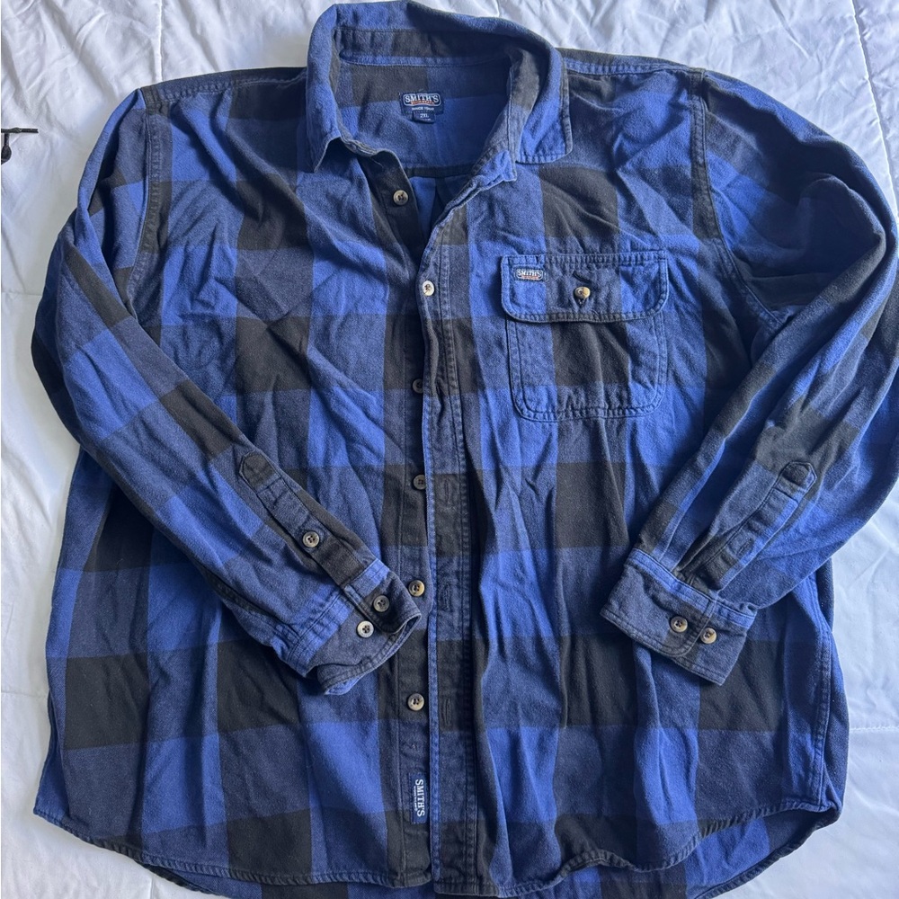 SMITH Blue and Black Plaid Casual Button Down Shirt